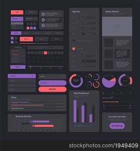 Ui dark. Web design pages layout user icons buttons dividers navigate tools infographic modern garish vector collection. Illustration navigation menu, website mockup infographic. Ui dark. Web design pages layout user icons buttons dividers navigate tools infographic modern garish vector collection