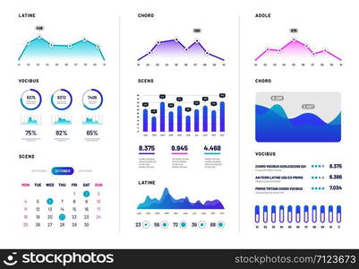 Ui dashboard. Modern infographic with gradient finance graphs, statistics chart and column diagrams. Analysis internet vector report. Illustration of chart and diagram, graph and infographic. Ui dashboard. Modern infographic with gradient finance graphs, statistics chart and column diagrams. Analysis internet vector report