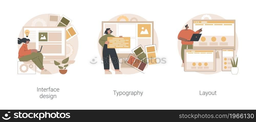UI design abstract concept vector illustration set. Interface design, typography and layout, visual element, website and application, responsive webpage, usability test, browser abstract metaphor.. UI design abstract concept vector illustrations.