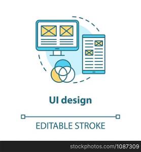 UI design concept icon. Software graphic interface development idea thin line illustration. Designing mobile app visuals for better user experience. Vector isolated outline drawing. Editable stroke