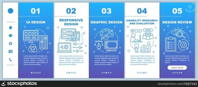 UI design development onboarding mobile web pages vector template. Responsive smartphone website interface idea with linear illustrations. Webpage walkthrough step screens. Color concept
