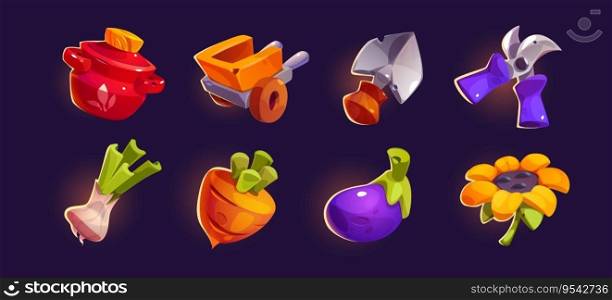 Ui farm game icon set o gardening tool and vegetable. Isolated cartoon vector food element collection with shovel and secateurs farmer equipment. Glossy and sparkle agriculture clipart for mobile app. Ui farm game icon set o gardening tool, vegetable