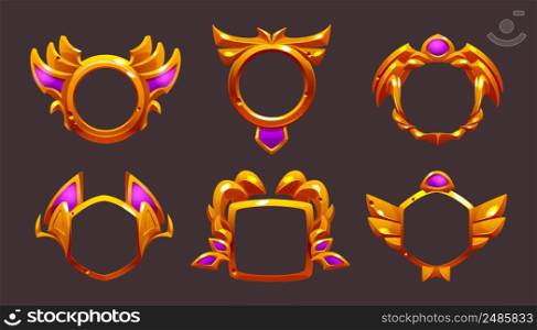 Ui game frames, gold textured round, square and hexagon borders with ornate rims and pink decor. Cartoon isolated graphic design gui elements for medieval rpg game or app, Vector illustration, set. Ui game frames, gold round, square and hexagon