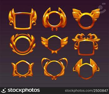 Ui game frames, gold textured round, square and hexagon borders with ornate rims and decor. Cartoon isolated graphic design gui elements for medieval rpg game or app, Vector illustration, set. Ui game frames, gold textured borders for rpg game