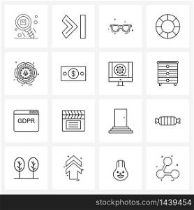 UI Set of 16 Basic Line Icons of dollar, poker, glasses, games, safe Vector Illustration