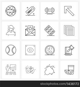 UI Set of 16 Basic Line Icons of employee, employee, exercise, back, up Vector Illustration