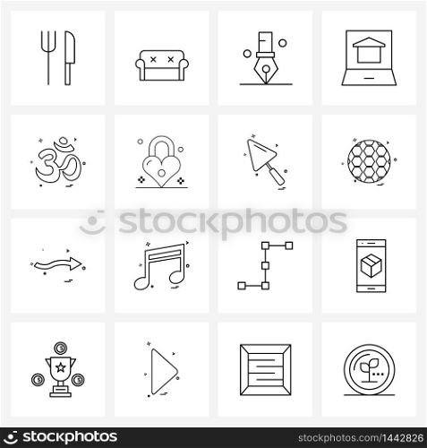 UI Set of 16 Basic Line Icons of Hindu, house, office accessory, home, laptop Vector Illustration