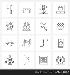UI Set of 16 Basic Line Icons of Hindu, house, office accessory, home, laptop Vector Illustration