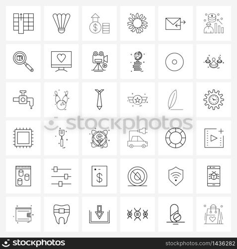 UI Set of 36 Basic Line Icons of mail, flower, gain, daisy flower, Chinese flower Vector Illustration