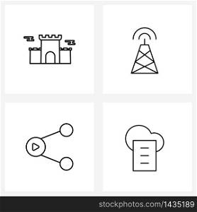 UI Set of 4 Basic Line Icons of castle, share symbol, tower, tower, cloud Vector Illustration