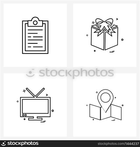 UI Set of 4 Basic Line Icons of clipboard, television, gift box, surprise, gps Vector Illustration