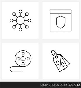 UI Set of 4 Basic Line Icons of dollar, movie roll, browser, shield, sale Vector Illustration