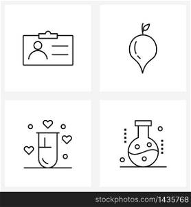 UI Set of 4 Basic Line Icons of employee card, valentine, turnip, test, chemical Vector Illustration