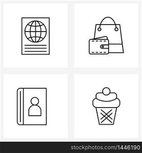 UI Set of 4 Basic Line Icons of identity, contact, wallet, shopping, food Vector Illustration