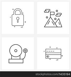 UI Set of 4 Basic Line Icons of lock, bell, security, flag, credit card Vector Illustration