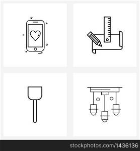 UI Set of 4 Basic Line Icons of mobile; spoon; pencil; setting; decor Vector Illustration