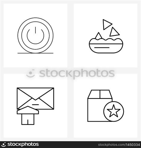 UI Set of 4 Basic Line Icons of power, mail, interface, snack, box Vector Illustration