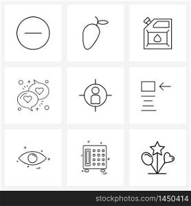 UI Set of 9 Basic Line Icons of align, focus, canister, target, chat Vector Illustration