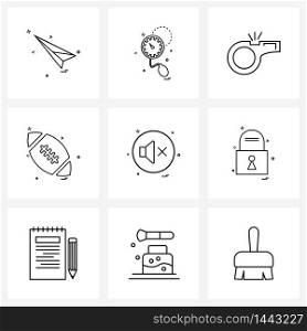 UI Set of 9 Basic Line Icons of audio, mute, whistle, ball, game Vector Illustration