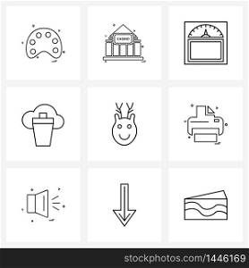 UI Set of 9 Basic Line Icons of clown, network, weight machine, server, machine Vector Illustration