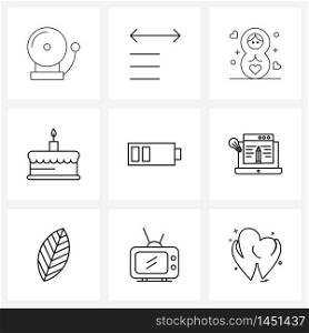 UI Set of 9 Basic Line Icons of computer, electric, event, power, battery Vector Illustration