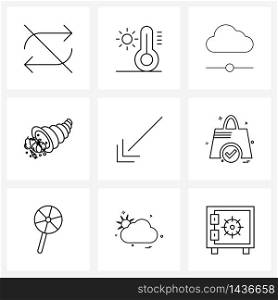 UI Set of 9 Basic Line Icons of direction, arrow, cloudy, meal, bun Vector Illustration