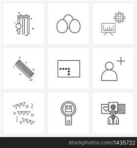 UI Set of 9 Basic Line Icons of dotted, haircutting, meal, hair comb, board Vector Illustration