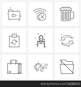 UI Set of 9 Basic Line Icons of home, file, alcohol, document, drink Vector Illustration