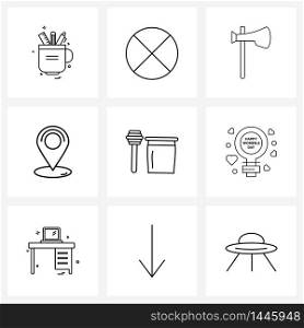 UI Set of 9 Basic Line Icons of honey bee, service, axe, location, hotel Vector Illustration