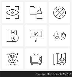 UI Set of 9 Basic Line Icons of labour, play, world, film, arrow left Vector Illustration