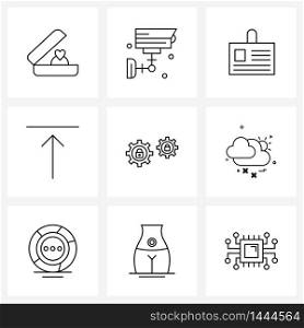 UI Set of 9 Basic Line Icons of locked, gear, badge, upload, arrow Vector Illustration