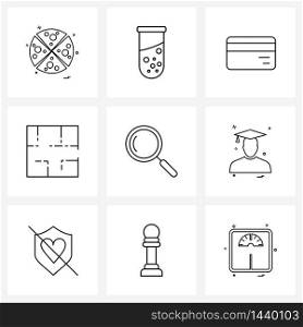 UI Set of 9 Basic Line Icons of magnifying glass, find way, tube, way, card Vector Illustration