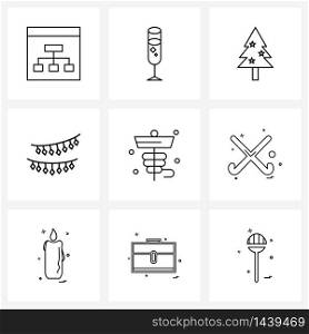 UI Set of 9 Basic Line Icons of medical, lights, Christmas tree, garlands, Christmas Vector Illustration