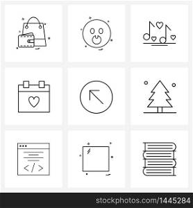 UI Set of 9 Basic Line Icons of navigation, schedule, wow, date, valentine Vector Illustration