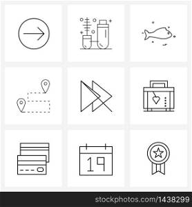 UI Set of 9 Basic Line Icons of next, forward, sea, arrow, map Vector Illustration