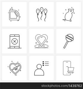 UI Set of 9 Basic Line Icons of romance, heart, animal, rejected, message Vector Illustration