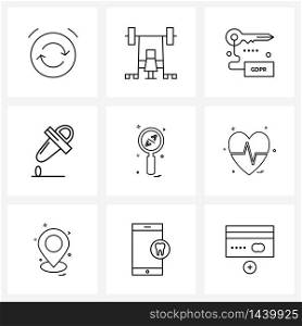 UI Set of 9 Basic Line Icons of search, healthcare, access, medical, drop Vector Illustration