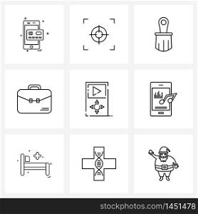 UI Set of 9 Basic Line Icons of sound, audio, cosmetic, music player, suitcase Vector Illustration