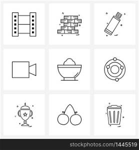 UI Set of 9 Basic Line Icons of space, food, flash, soup, video Vector Illustration
