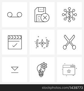 UI Set of 9 Basic Line Icons of star, code, networking, star, movie Vector Illustration