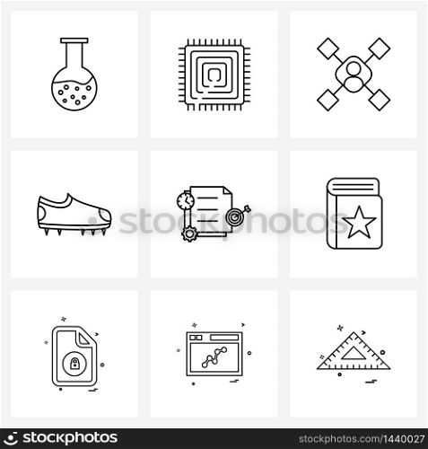 UI Set of 9 Basic Line Icons of stopwatch, document, networking, sports shoes, shoes Vector Illustration