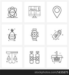 UI Set of 9 Basic Line Icons of watch, game, location, sports, golf Vector Illustration
