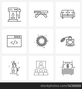 UI Set of 9 Basic Line Icons of weather, internet, chair, web, furniture Vector Illustration