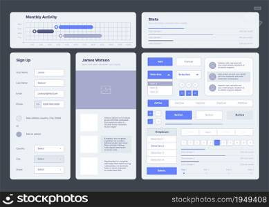Ui template. Web dashboard elements buttons dividers menu symbols ux layout garish vector collection. Illustration report responsive software, user homepage button. Ui template. Web dashboard elements buttons dividers menu symbols ux layout garish vector collection