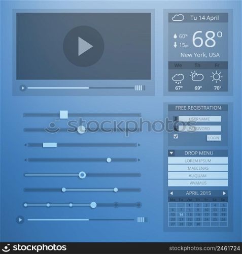 UI transparency flat design of web elements. Setting and website menu, weather and control, account and data, webpage and video player. Vector illustration. UI transparency flat design of web elements