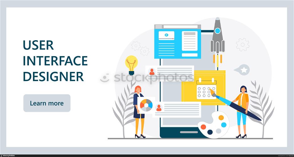 UI, UX concept vector. Web designers are creating design of landing page. User interface and user experience for construction of responsible website template.. UI, UX concept vector. Web designers are creating design of landing page. User interface and user experience for construction of responsible website