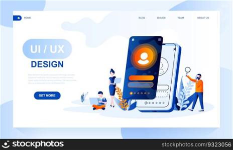Ui, ux design vector landing page template with header. Application interface designers web banner, homepage design with flat illustrations. Programming, mobile software website layout. Ui, ux design vector landing page template with header. Application interface designers web banner, homepage design with flat illustrations