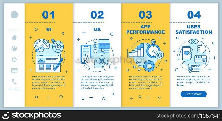 UI, UX development onboarding mobile web pages vector template. Responsive smartphone website interface idea with linear illustrations. Webpage walkthrough step screens. Color concept