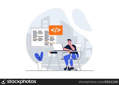UI UX development web concept with character scene. Man creating code and working with testing prototype. People situation in flat design. Vector illustration for social media marketing material.
