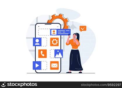 UI UX development web concept with character scene. Woman creating mobile interface and placing elements. People situation in flat design. Vector illustration for social media marketing material.